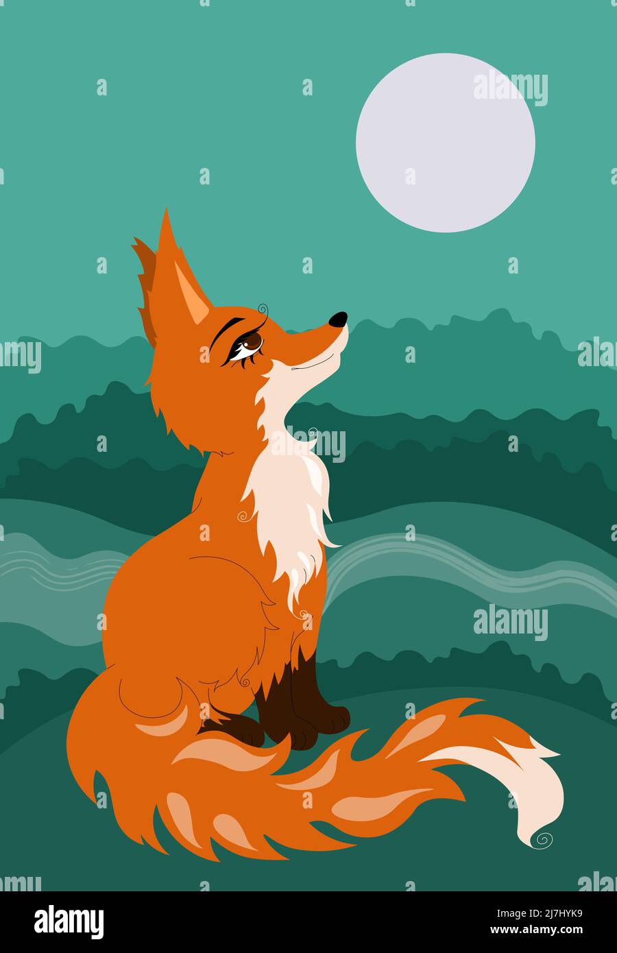 Red fox sitting on glade in forest  Stock Vector