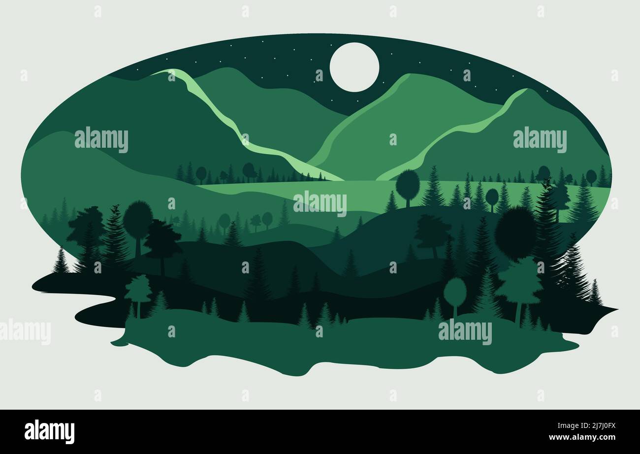 Cartoon night landscape with mountains and forest Stock Vector
