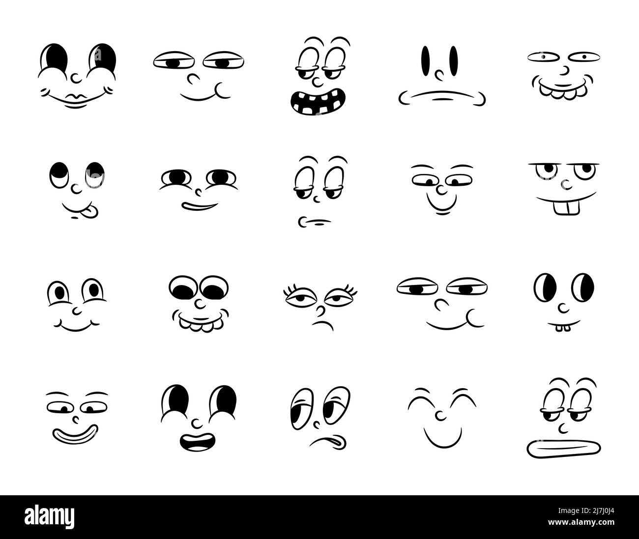 Collection of old retro traditional cartoon animation. Vintage faces of people with different emotions of the 20s 30s. Emoji character expressions 50s Stock Vector