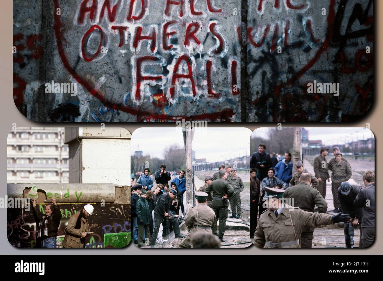 Some scenes of the Berlin Wall being dismantled in 1989, while people