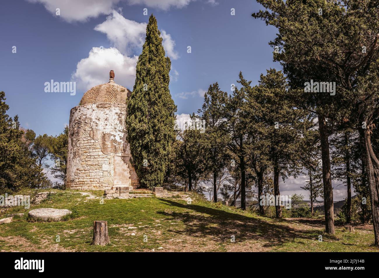 Wheat mill converted into a mausoleum built on the site of the castle of Calvisson, Gard, South of France Stock Photo