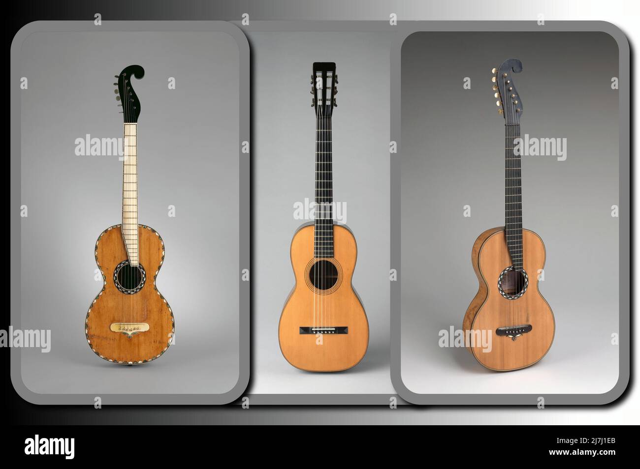 Some beautiful guitars by the well-known luthier Martin, produced at the end of the 19th century Stock Photo