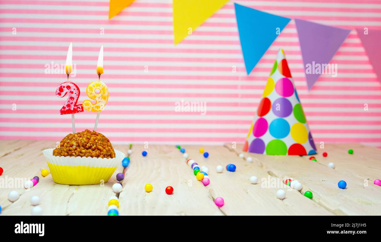 Happy birthday postcard. Festive background with cupcake. copy space greeting card for people Stock Photo