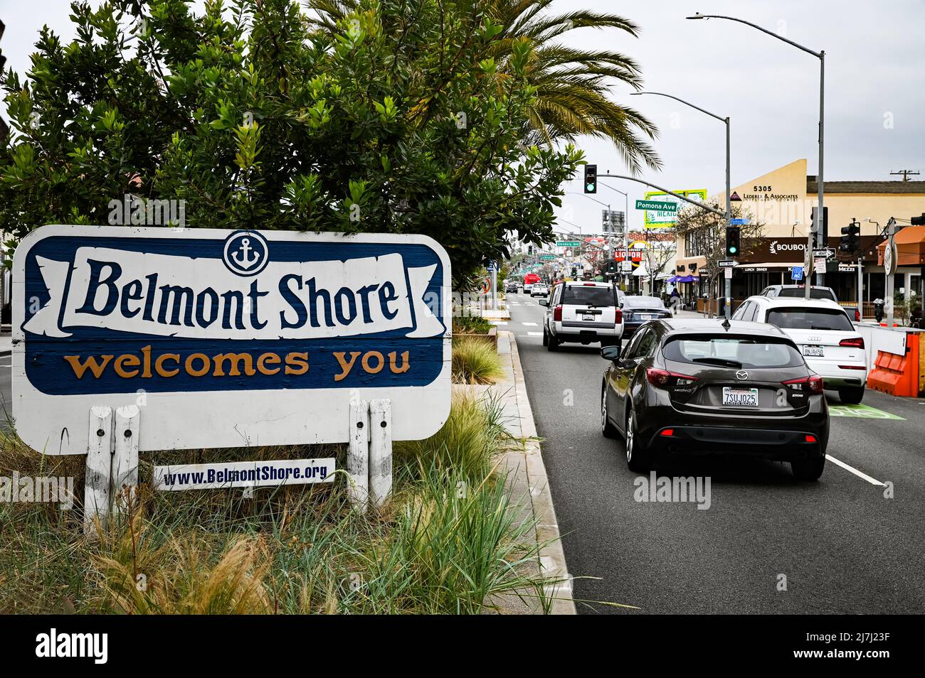 Photo of the Belmont Shore welcome sign on second street, the popular shopping district in the upscale beach neighborhood. Stock Photo
