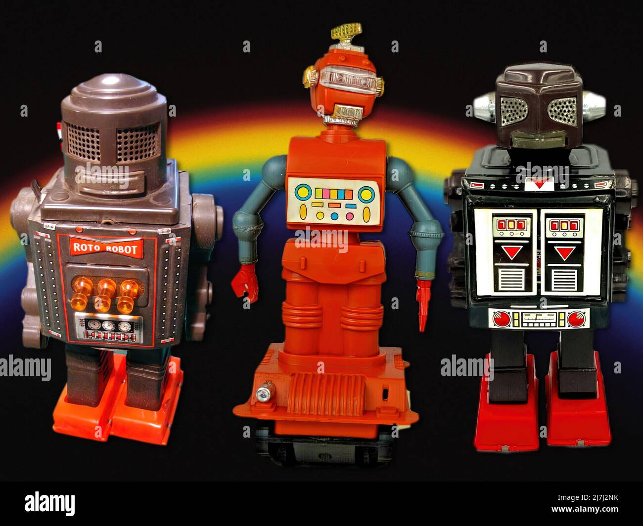 Three beautiful toy robots produced in the 1950s Stock Photo
