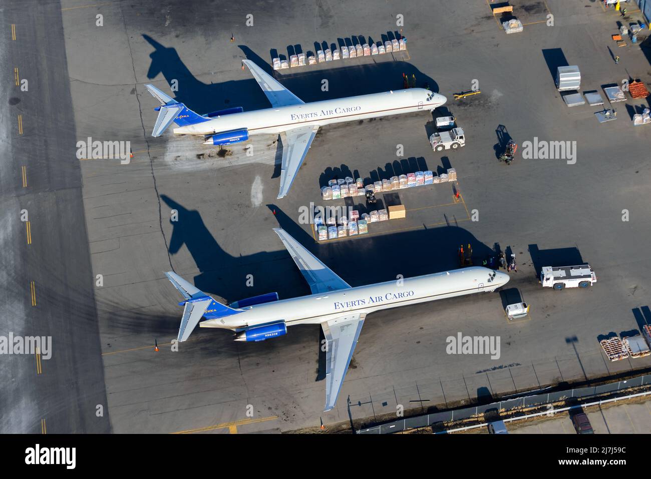 Everts Air Cargo two McDonnell Douglas MD-80 aircraft. Freight transportation by Everts Cargo MD-83 and MD-82, also referred as MD-83F and MD-82F. Stock Photo