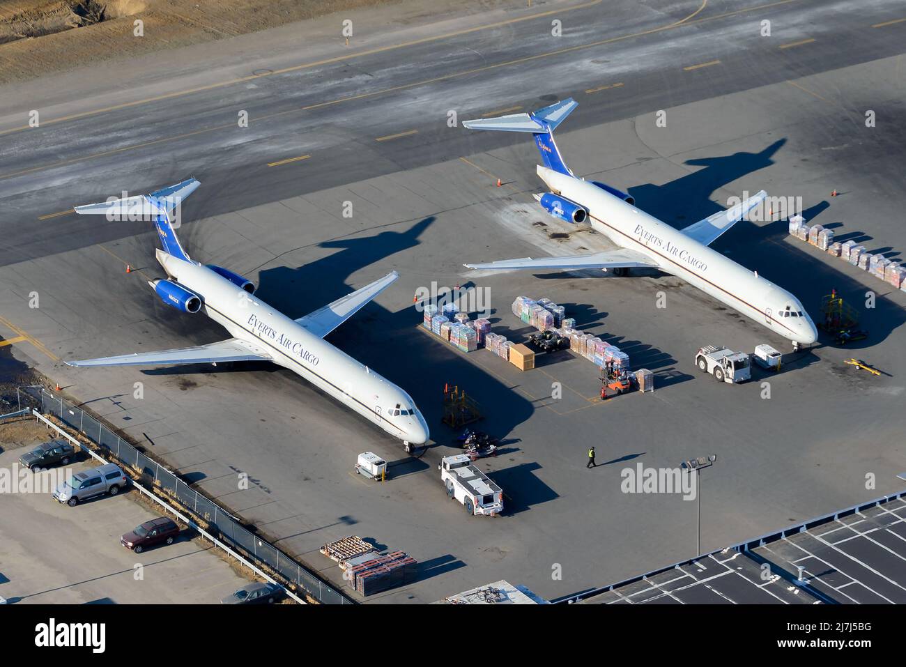 Everts Air Cargo two McDonnell Douglas MD-80 airplane. Freight transportation by Everts Cargo MD-83 and MD-82, also referred as MD-83F and MD-82F. Stock Photo