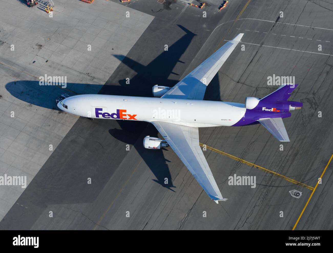 Fedex McDonnell Douglas MD-11 aircraft. Airplane for cargo transport for Federal Express. Aerial view of MD11 plane. Stock Photo
