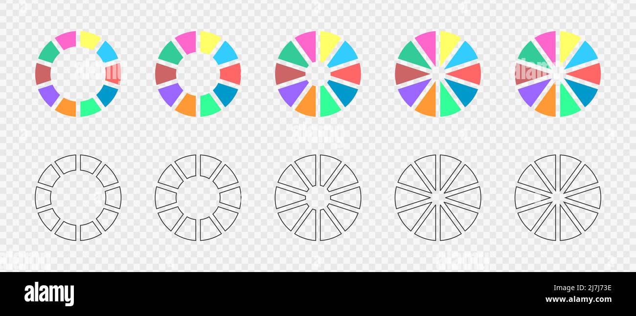 Donut charts divided in 10 multicolored and graphic sections. Infographic wheels set. Circle diagrams or loading bars. Round shapes cut in ten equal parts. Vector flat and outline illustration Stock Vector
