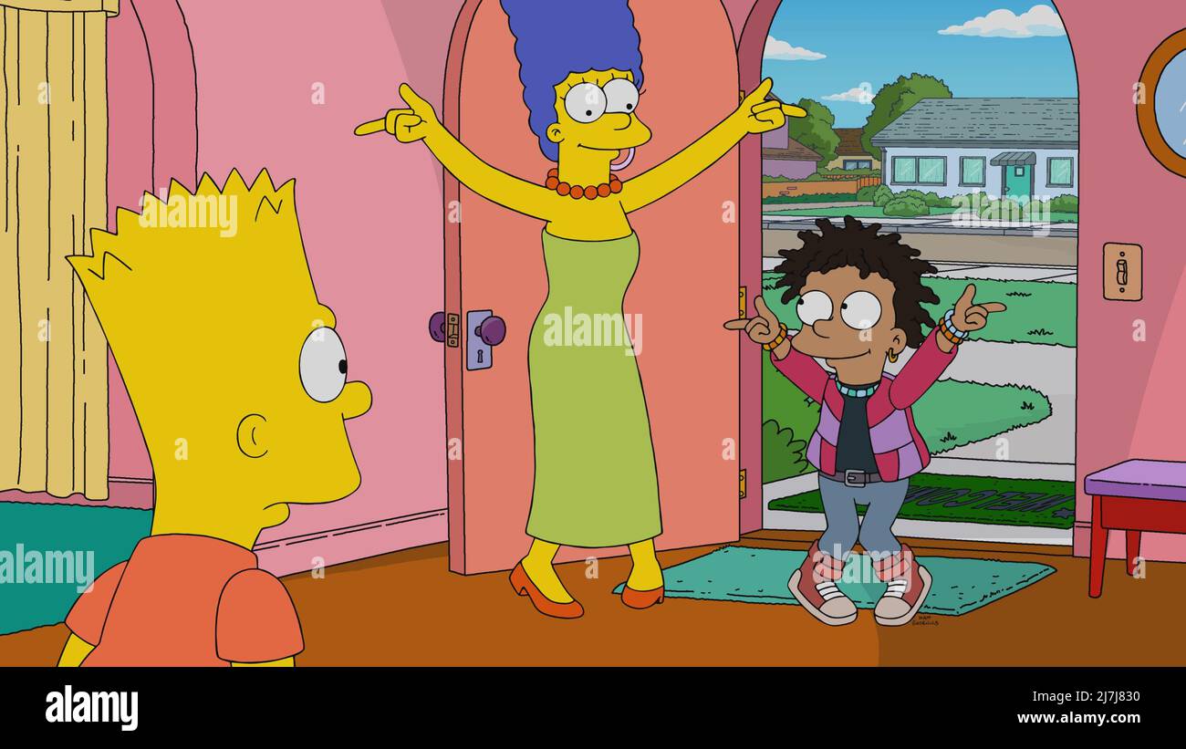 THE SIMPSONS, from left: Marge Simpson (voice: Julie Kavner), Bart Simpson  (voice: Nancy Cartwright), Abel Tesfaye (guest voice: The Weeknd), Bart the  Cool Kid', (Season 33, ep. 3308, aired Mar. 20, 2022).