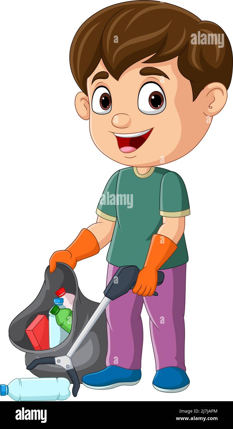 Cartoon boy gathering bottles into black plastic bag Stock Vector Image & Art Alamy