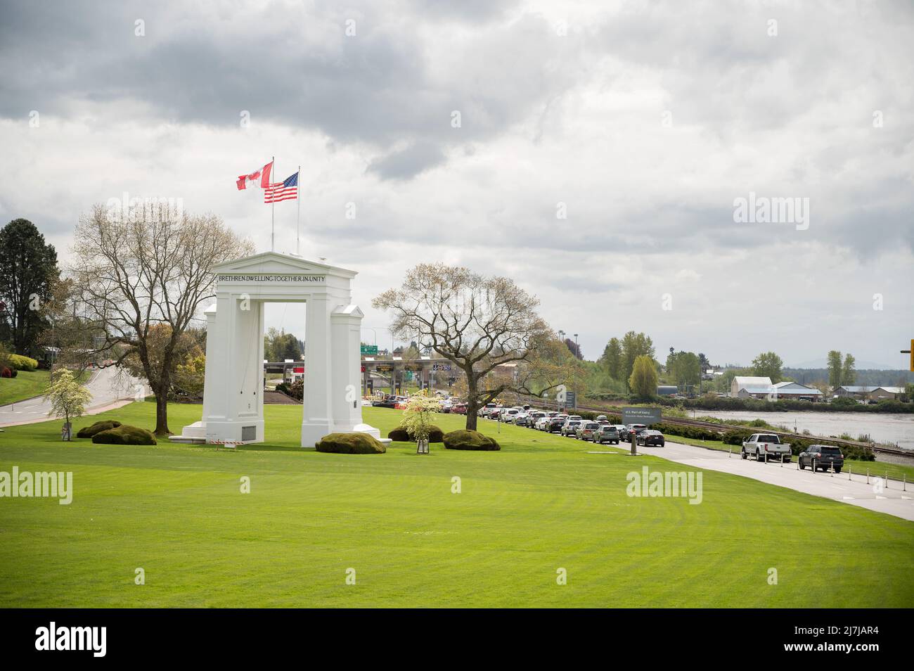 Peace Arch Park by the Douglas border crossing at the Canada US border, between Blaine Washington and White Rock BC. Stock Photo