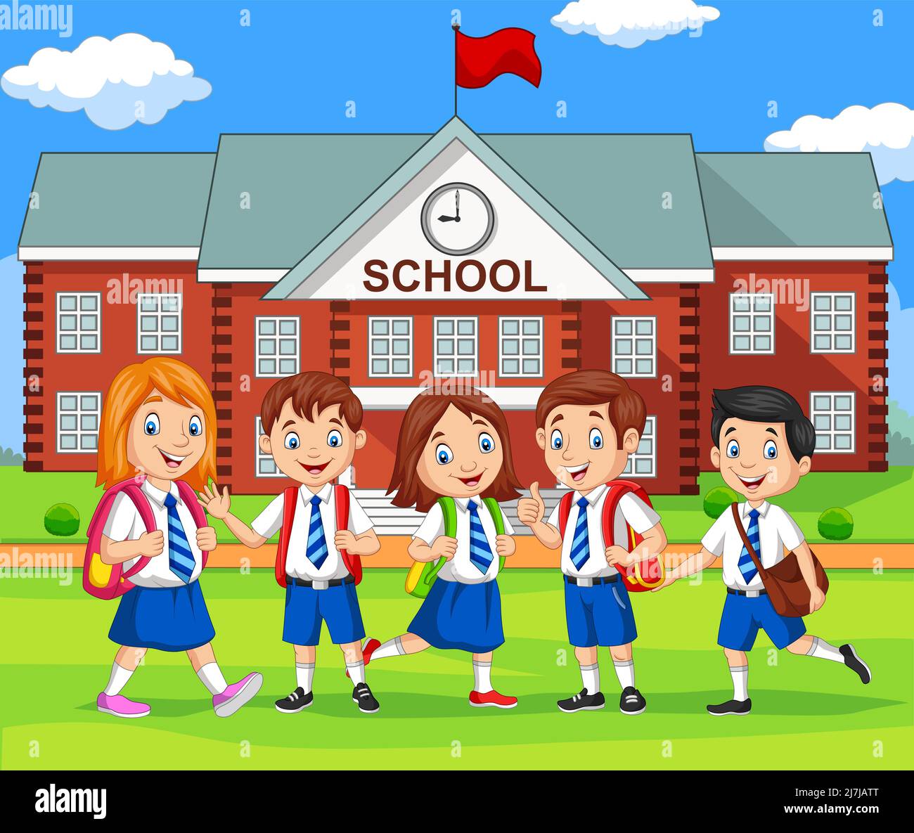 Happy school children in front of building school Stock Vector