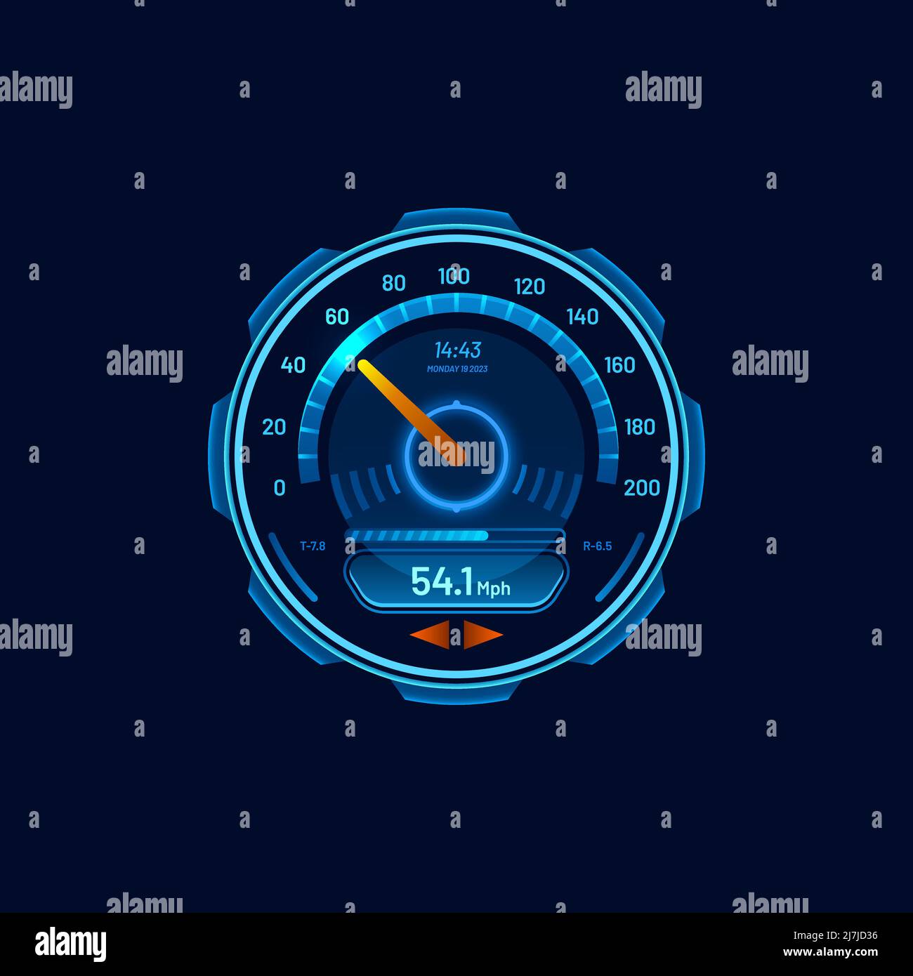 Speedometer, futuristic car speed meter or gauge dial, vector, neon LED