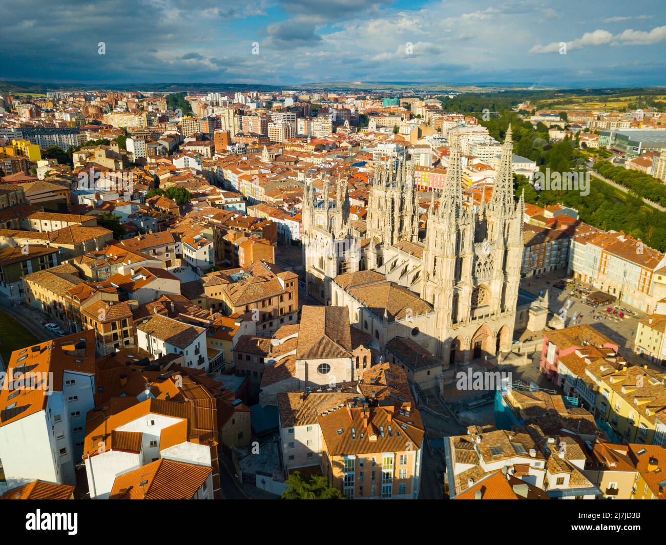 Panoramic view from the drone on the Cathedral of Burgos.  Stock Photo