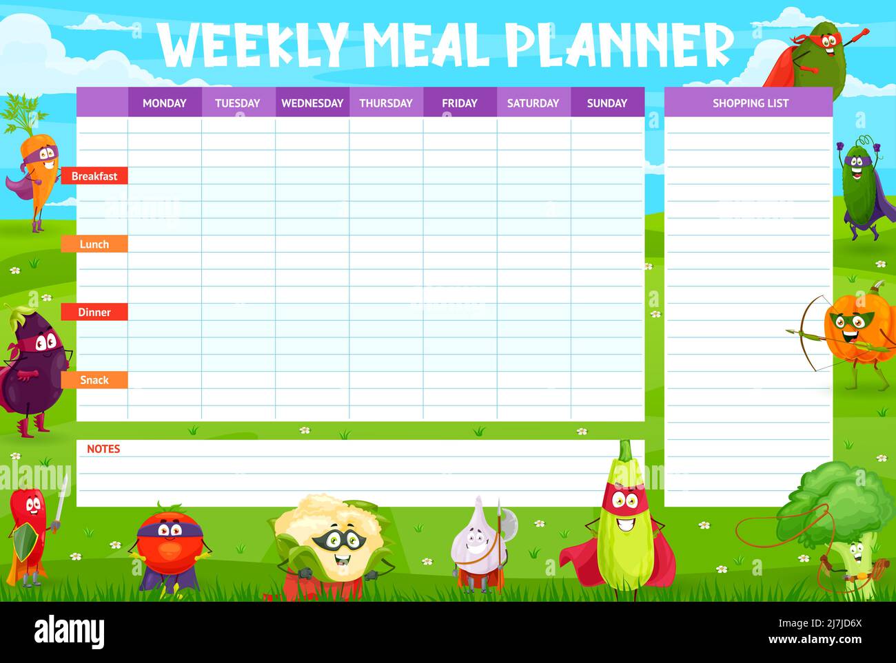 Weekly meal planner schedule, cartoon vegetables superheroes and ...