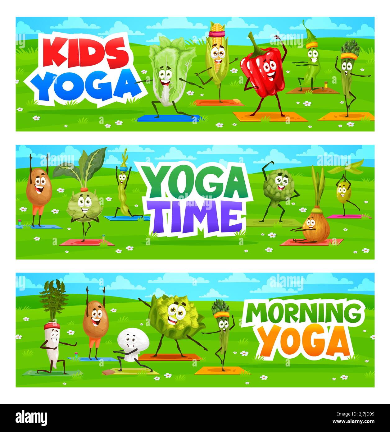 Morning kids yoga cheerful cartoon vegetables on fitness. Vector ...