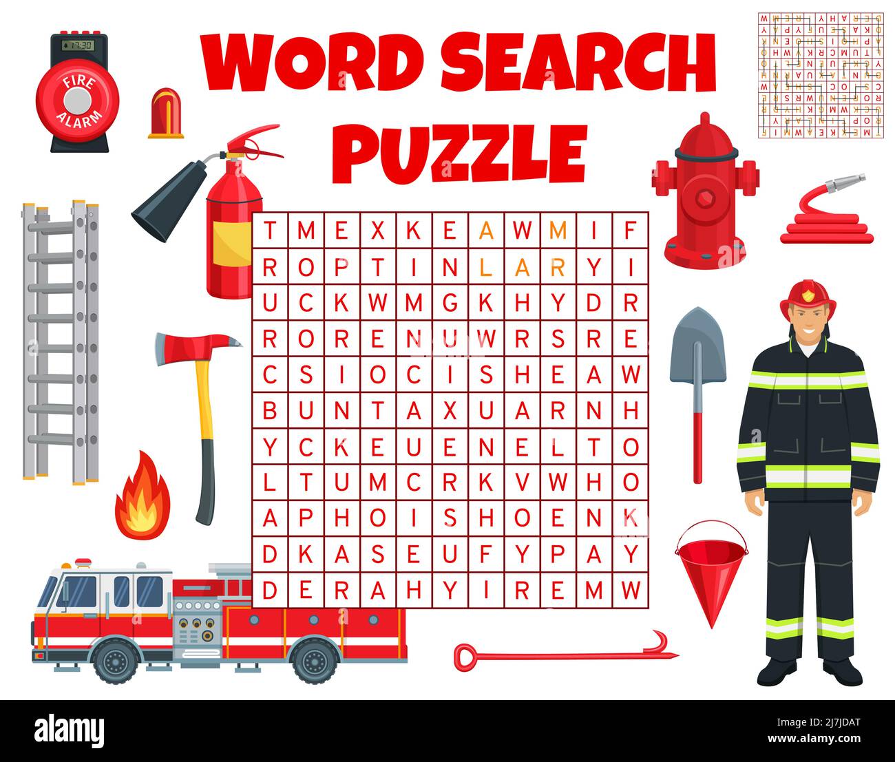 Firefighter and firefighting equipment on word search puzzle game worksheet. Kids quiz grid, text puzzle or kindergarten child vector logical game with word find task and fire truck, firefighter tools Stock Vector