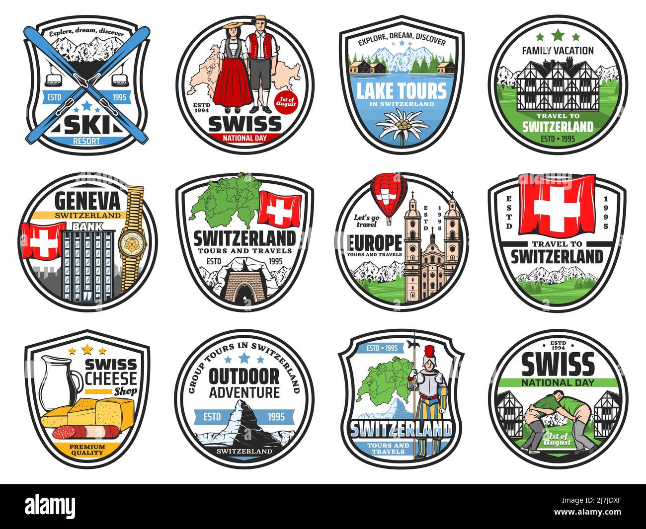 Switzerland travel and Swiss landmarks icons and tourism attraction vector emblems. Switzerland flag and map, national schwingen wrestling culture, tours and trips to Alps, Geneva banks and watches Stock Vector