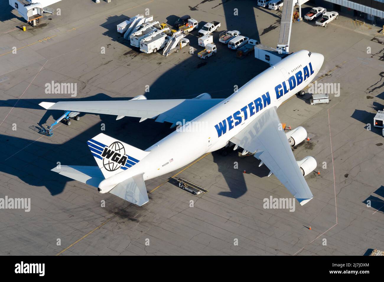 Western Global Airlines Boeing 747 cargo aircraft. Plane B747 for freight. Airplane Boeing 747-400F. Stock Photo