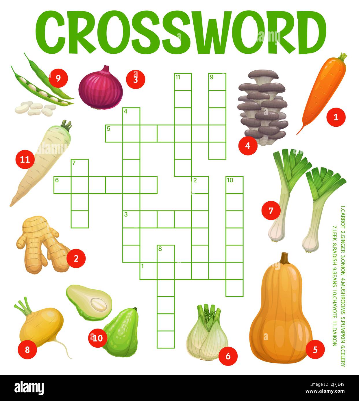 Farm raw vegetables and mushrooms, crossword puzzle worksheet to find ...