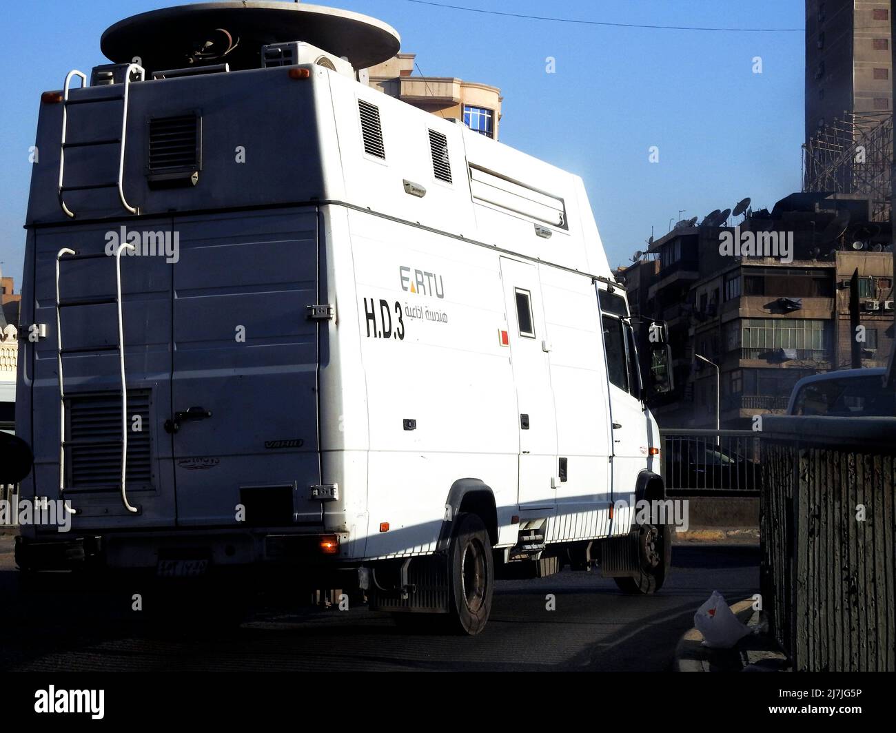 Giza, Egypt, March 13 2022: A broadcast car that used for outside studios external broadcasting and it's connected to Artificial satellites directly b Stock Photo