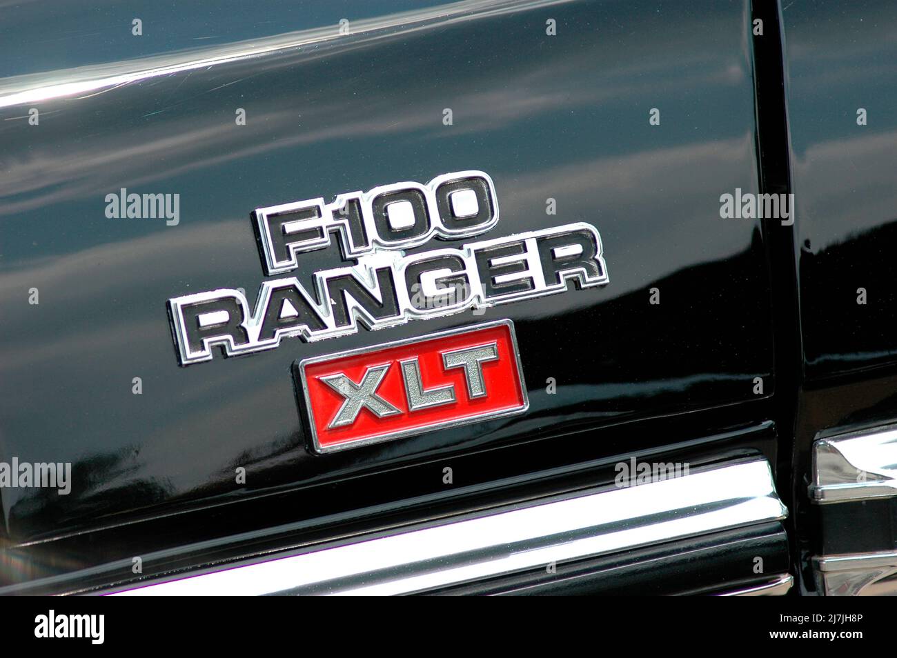 Logos on American cars at show by makers and rebuilders and restored to better than new Ranger 100 XL Stock Photo