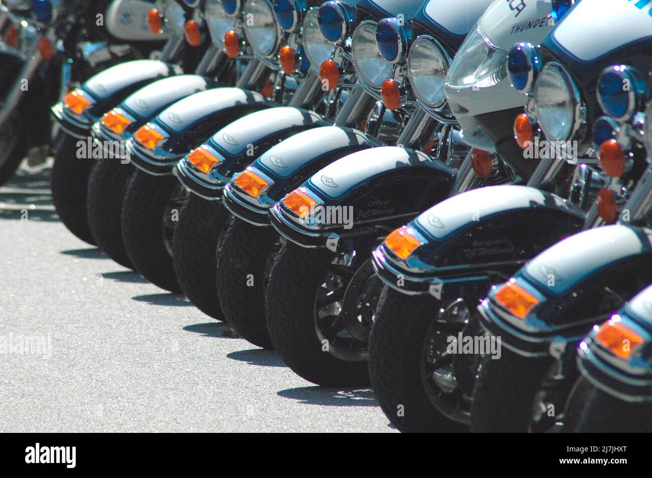 Police cycles lined up for a shot and killed motorcycle cop in Atlanta at the funerial Stock Photo