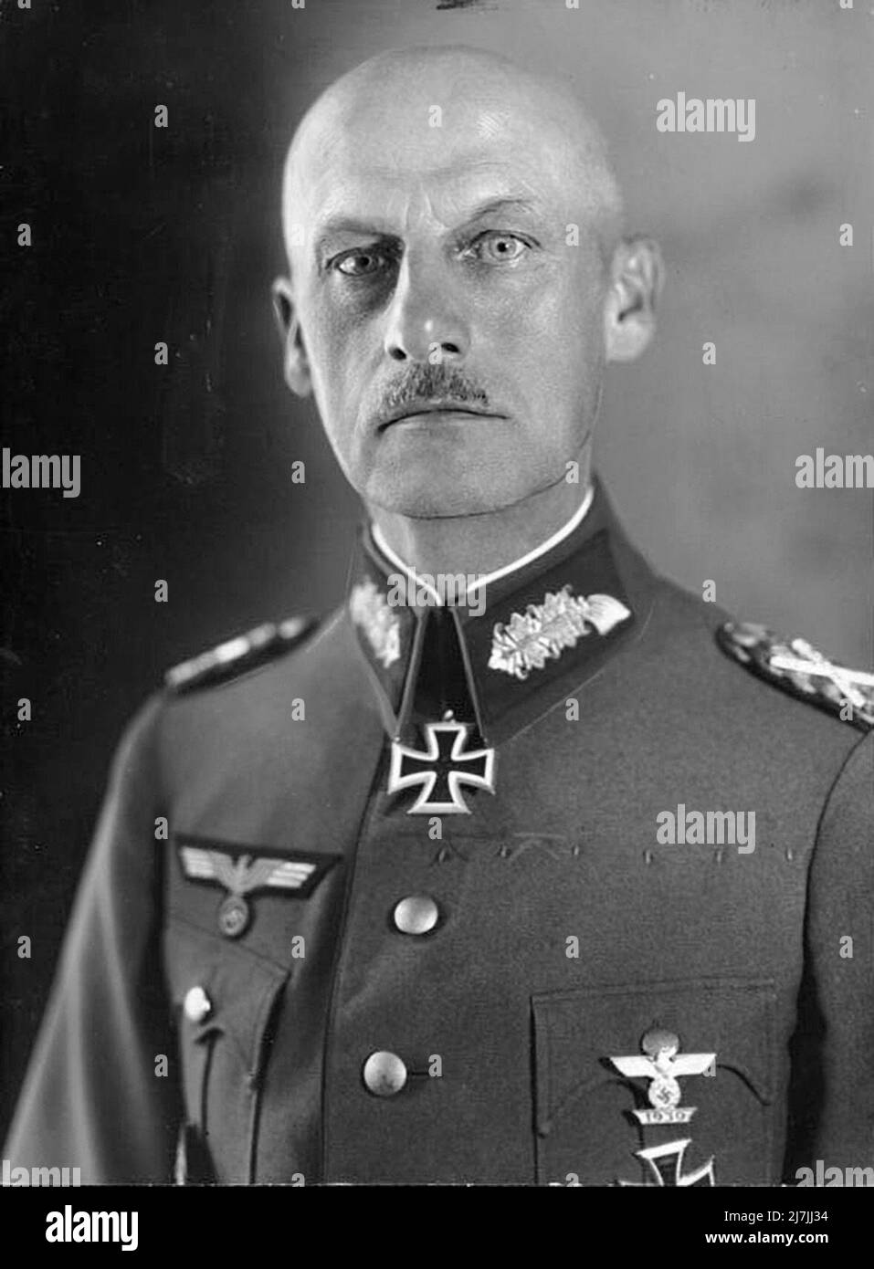 Wilhelm Josef Franz Ritter von Leeb was a German field marshal in World War II. In the Invasion of France, he commanded Army Group C, responsible for the breakthrough of the Maginot Line.  During Operation Barbarossa—the invasion of the Soviet Union—Leeb commanded Army Group North, eventually laying siege to the city. Units under Leeb’s command committed war crimes against the civilian population and closely cooperated with the SS Einsatzgruppen, death squads primarily tasked with the murder of the Jewish population as part of the Holocaust. Stock Photo