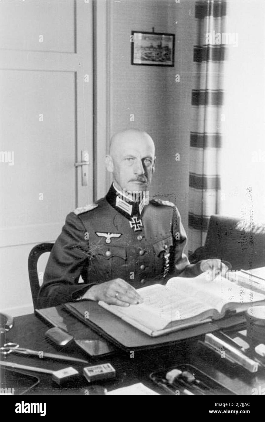 Wilhelm Josef Franz Ritter von Leeb was a German field marshal in World War II. In the Invasion of France, he commanded Army Group C, responsible for the breakthrough of the Maginot Line.  During Operation Barbarossa—the invasion of the Soviet Union—Leeb commanded Army Group North, eventually laying siege to the city. Units under Leeb’s command committed war crimes against the civilian population and closely cooperated with the SS Einsatzgruppen, death squads primarily tasked with the murder of the Jewish population as part of the Holocaust. Stock Photo