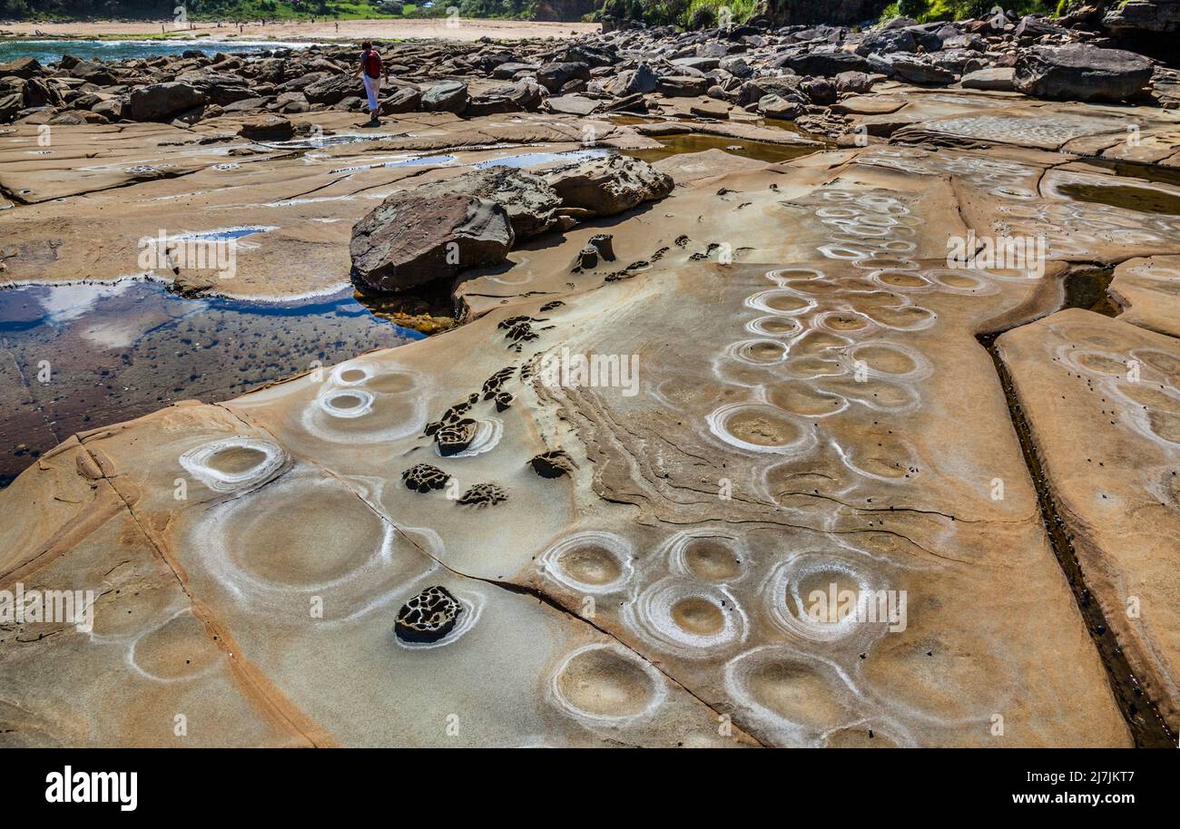 nature's art work, salt crust icing at rounded erosion patterns at the rock platform of Little Beach, Bouddi National Park, Central Coast, New South W Stock Photo