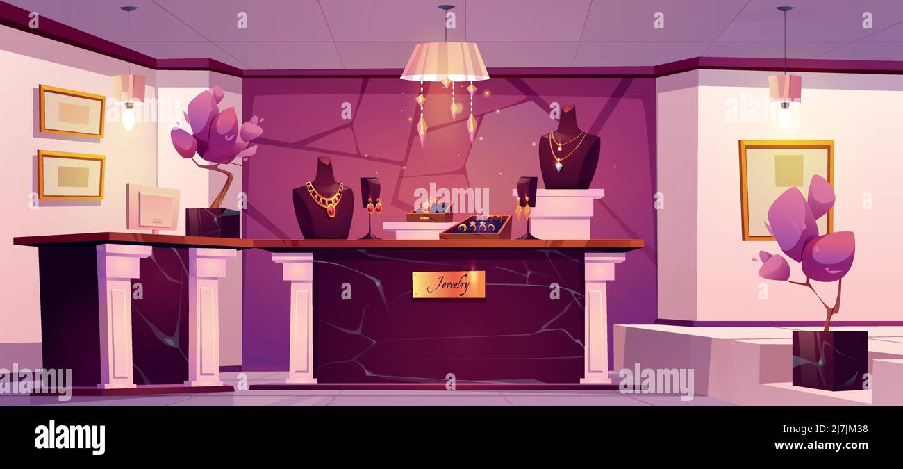 Jewelry shop interior with gold necklaces and chains on mannequins, rings with diamonds and earrings. Vector cartoon illustration of luxury store with golden jewellery, marble counter and cashbox Stock Vector