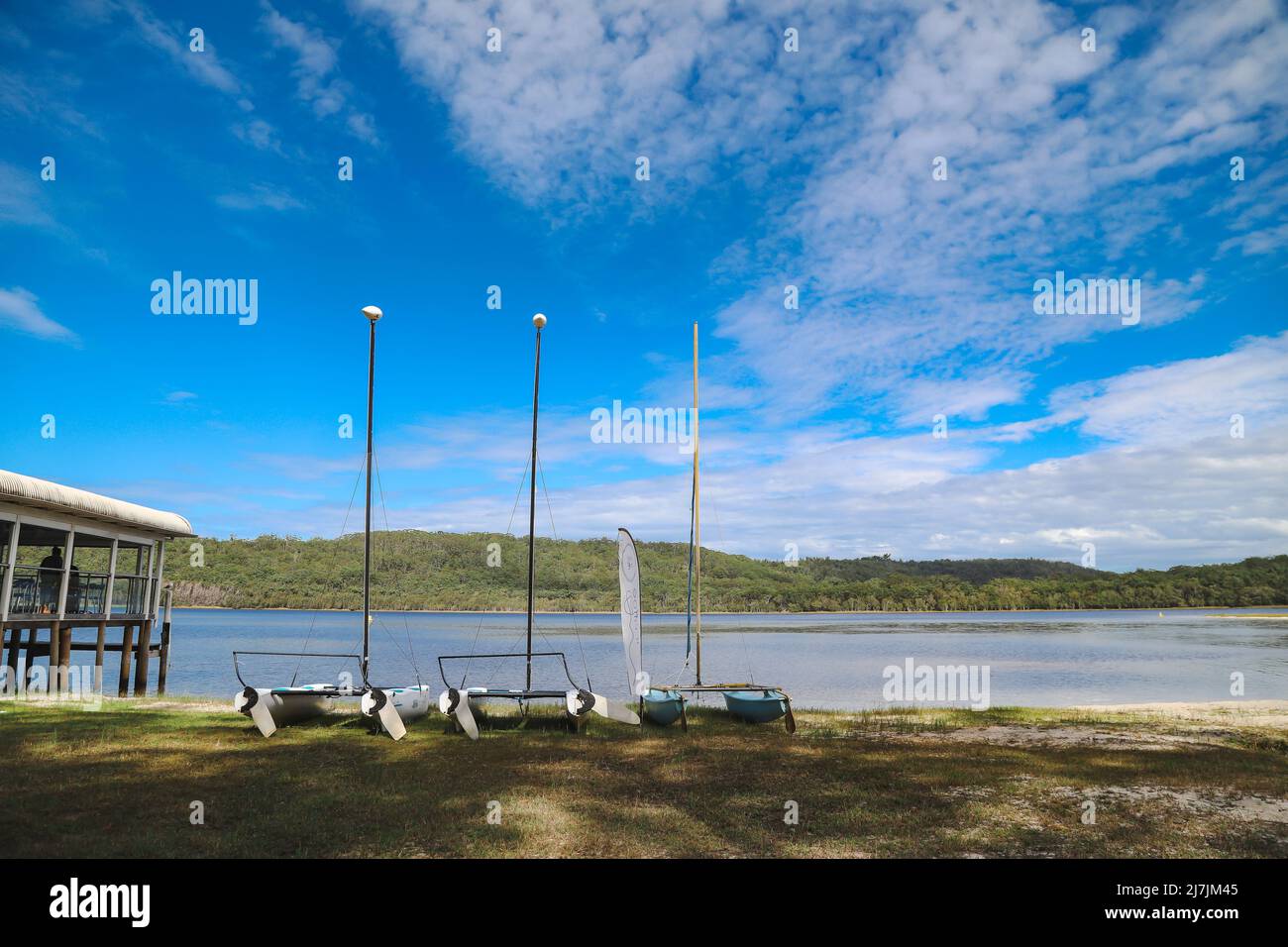 Smith's Lake, NSW Australia - 29 April 2022: Sunny day at the Frothy Coffee Boatshed Cafe Stock Photo