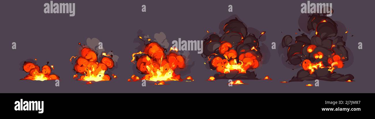 Explosion of bomb, rocket hit. Vector animation sprite sheet of burst with  fire and black smoke