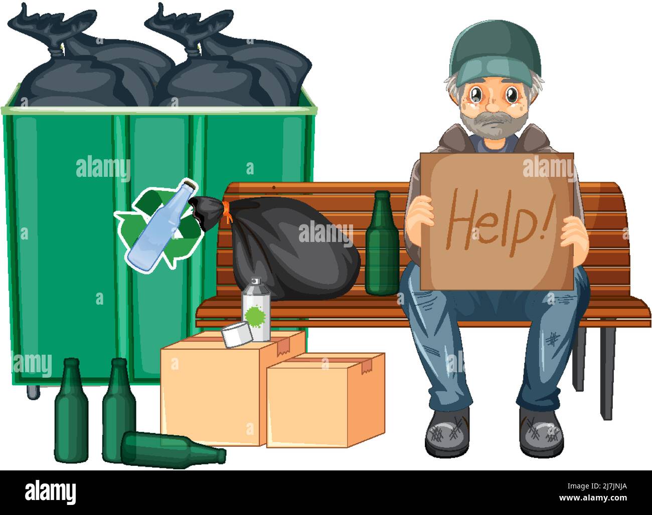 Homeless man holding help sign and sitting near garbage illustration ...