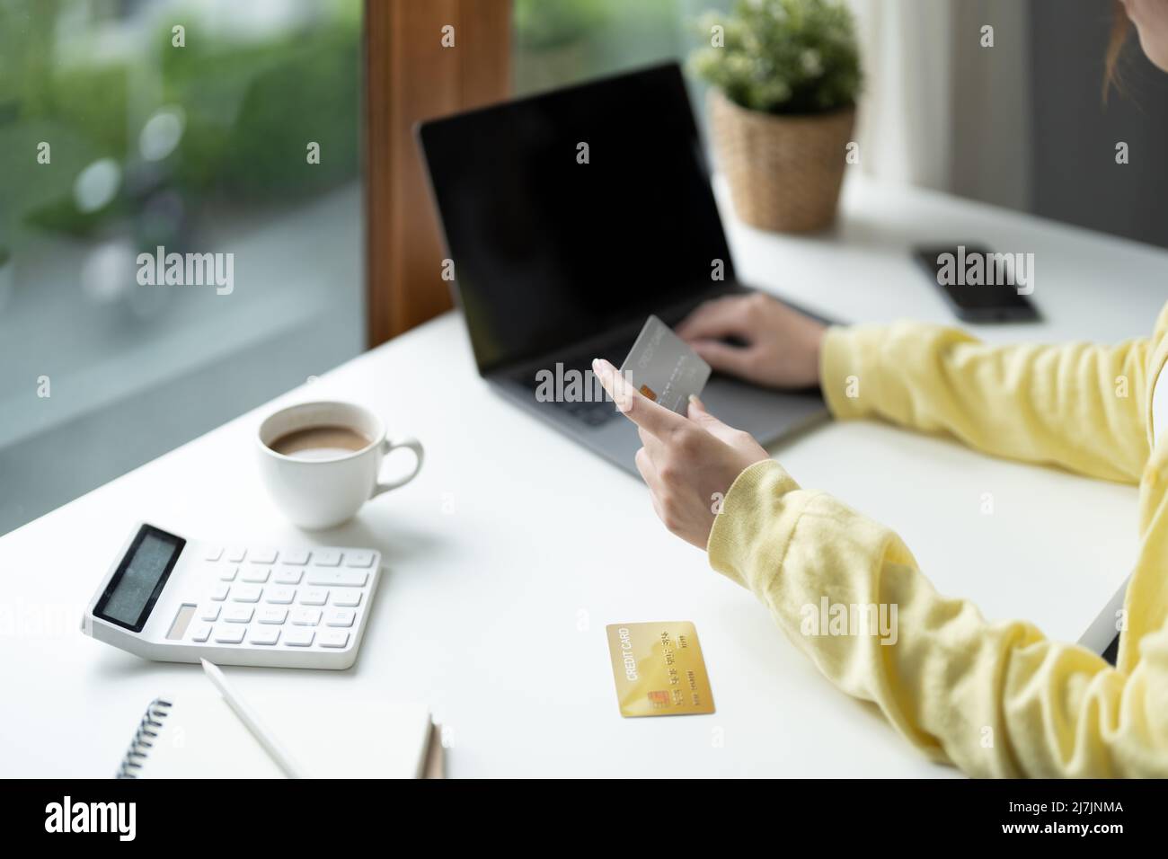 Close up of girl hold bank credit card and type on laptop, shopping online using computer, buying goods or ordering online, entering bank accounts and Stock Photo