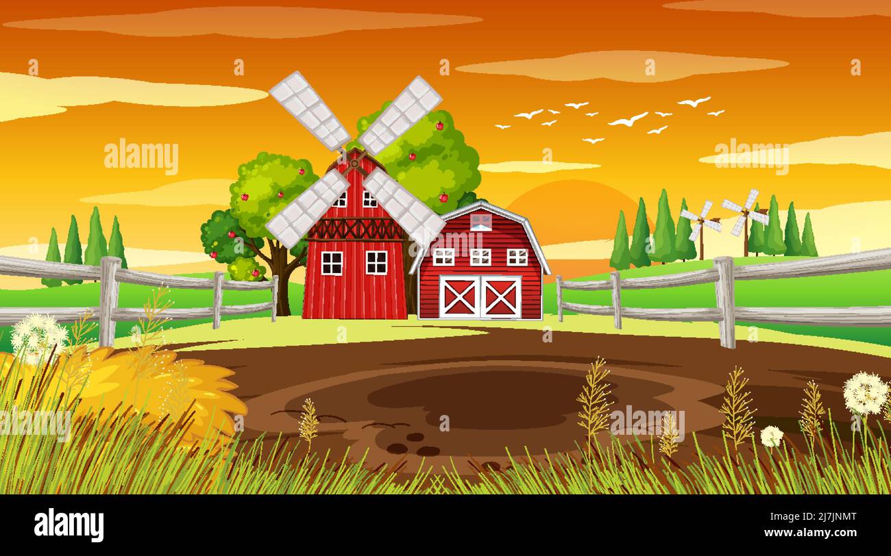 Farm background with barn and windmill illustration Stock Vector Image ...