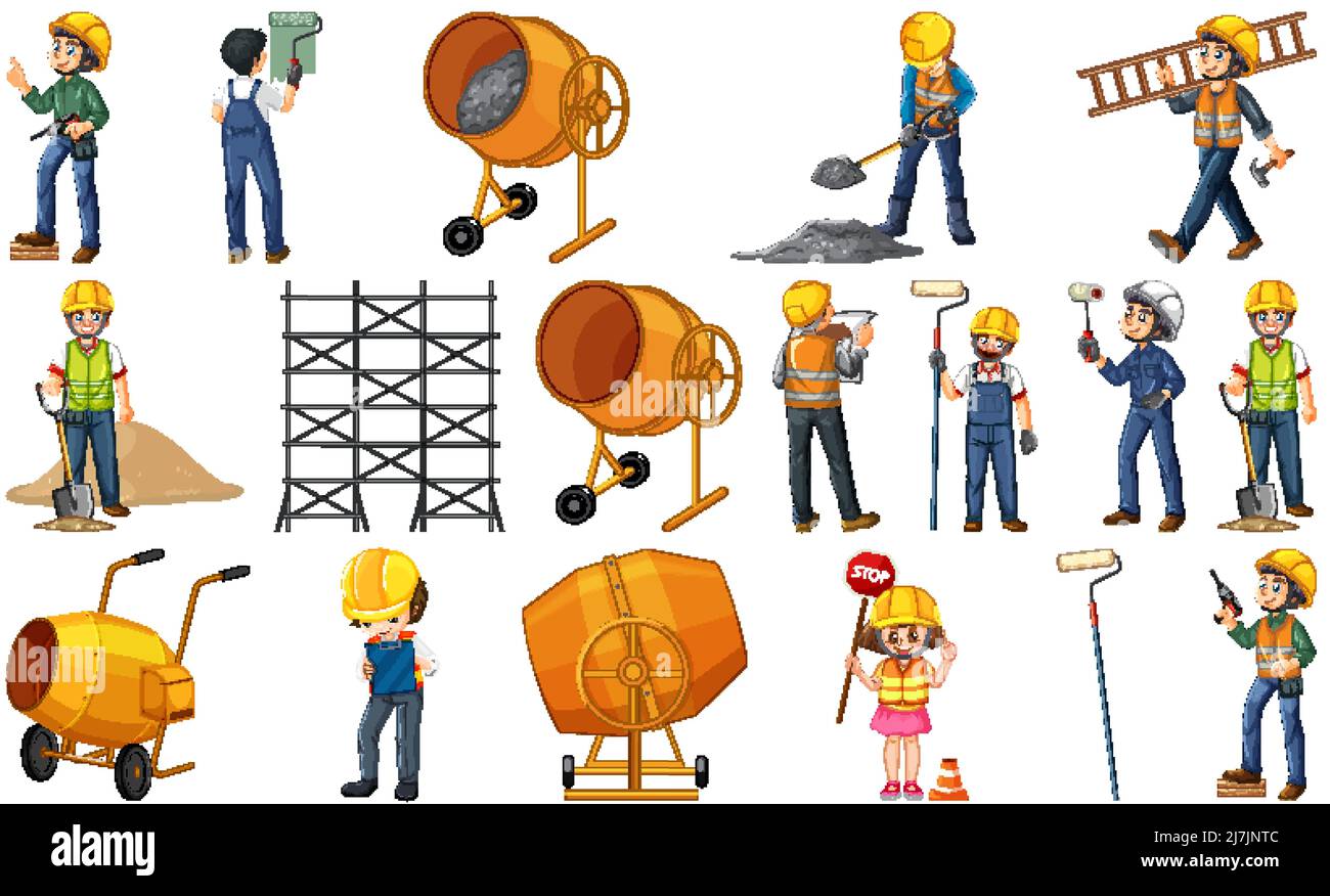 Set of construction site objects and workers illustration Stock Vector