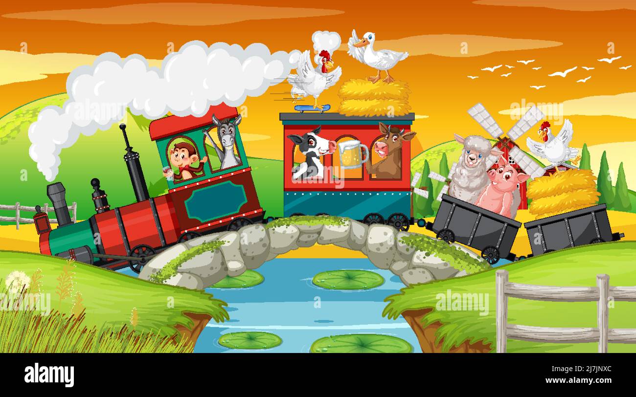 Many animals riding on train in countryside illustration Stock Vector ...
