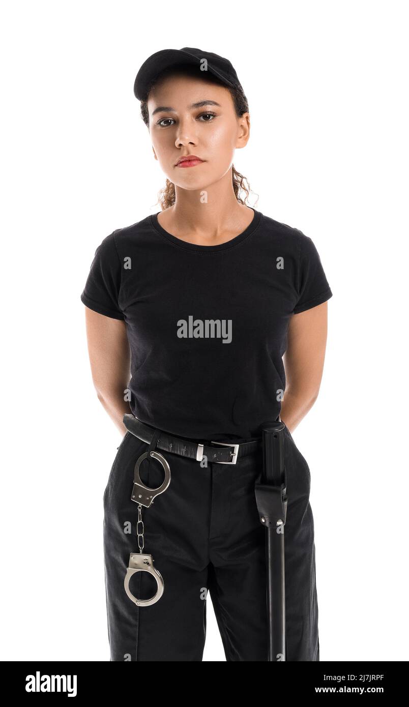 African-American female security guard on white background Stock Photo ...
