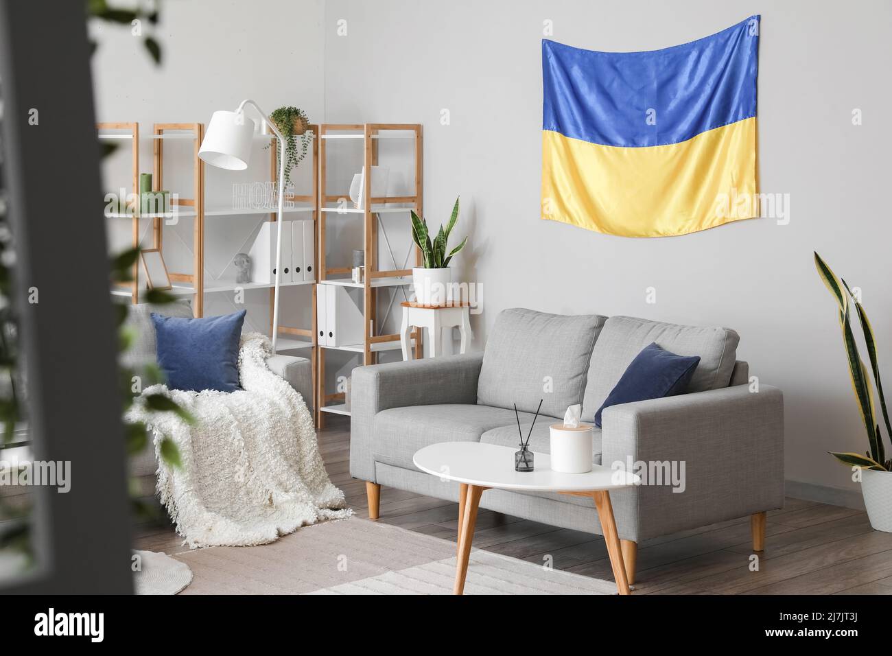 Interior of light living room with hanging Ukrainian flag, sofas and ...