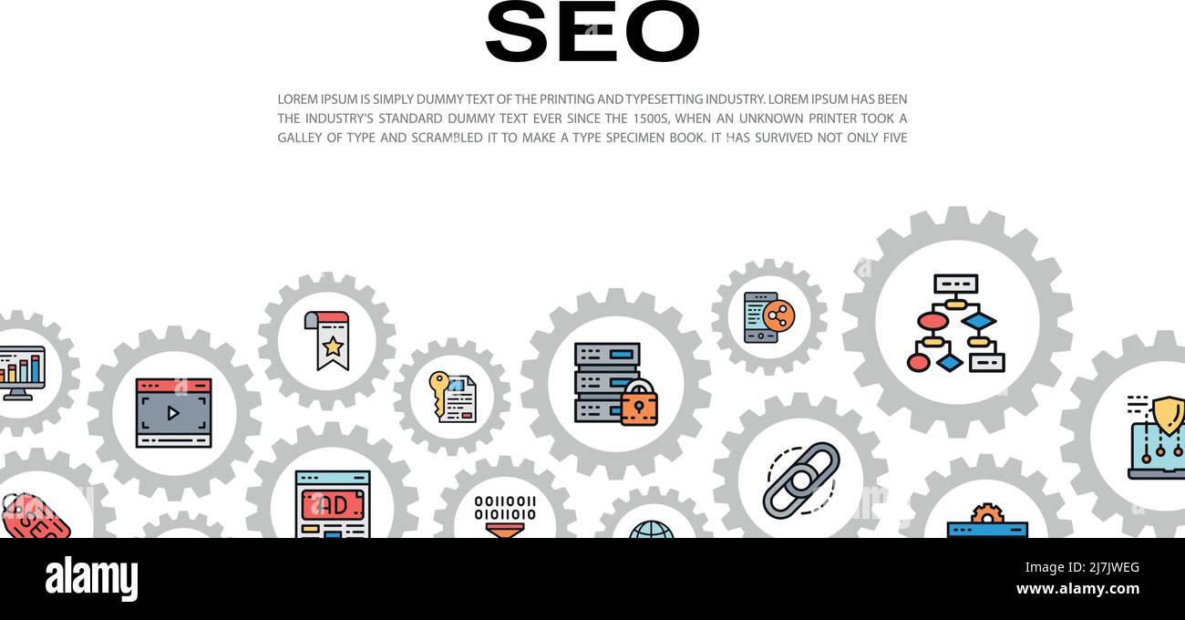 SEO landing page with colored icons. Bookmark, Hosting, Hyperlink, Advertisement, Data Transfer vector website concept background. Stock Vector