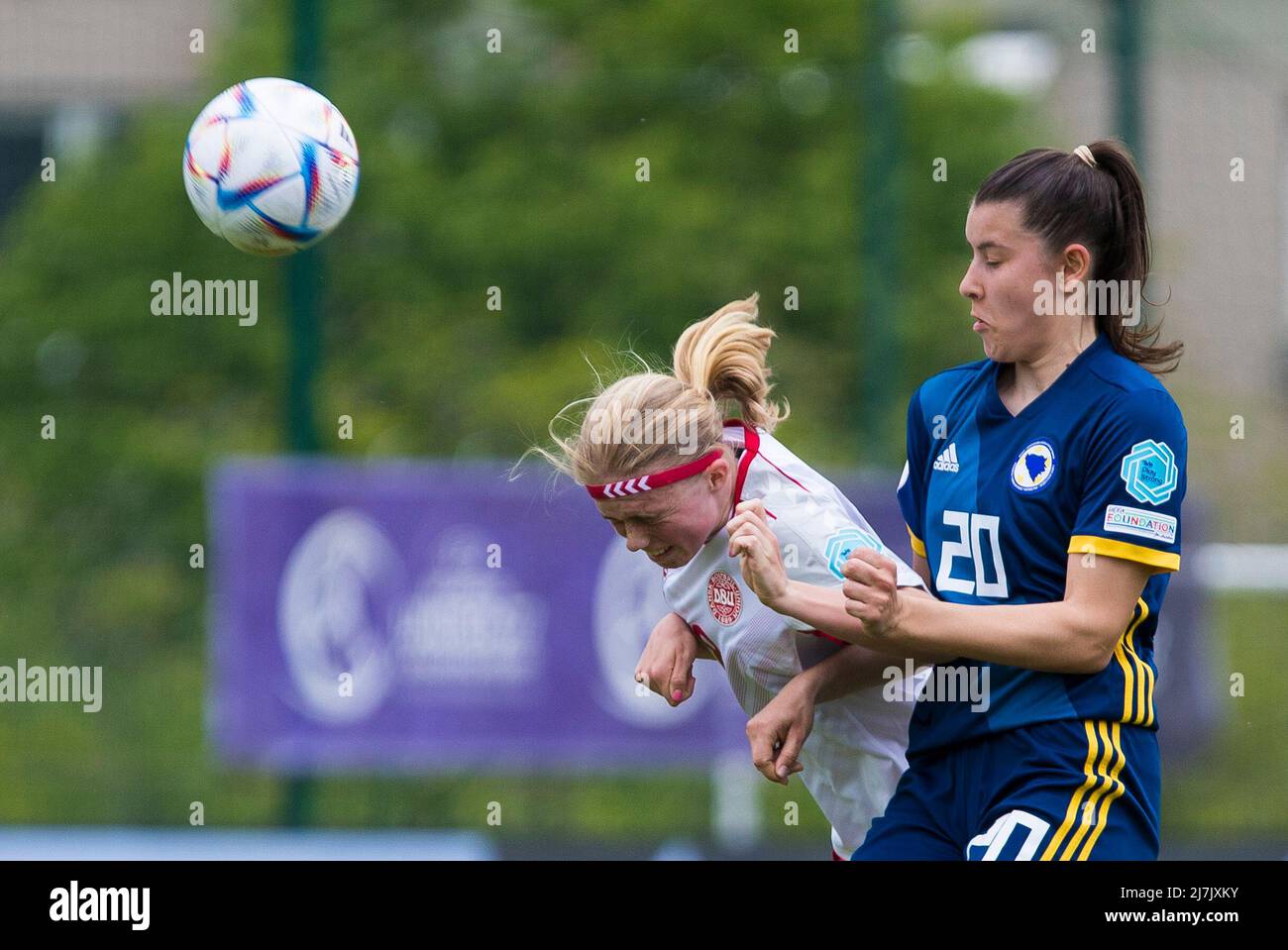 Zenica, Bosnia and Herzegovina, 6th May 2022. Pernille Sanvig of Denmark in air duel against the opposite player during the UEFA Women's Under-17 Championship 2022 match between Bosnia Herzegovina v Denmark at FF BH Training Centre in Zenica, Bosnia and Herzegovina. May 6, 2022. Credit: Nikola Krstic/Alamy Stock Photo