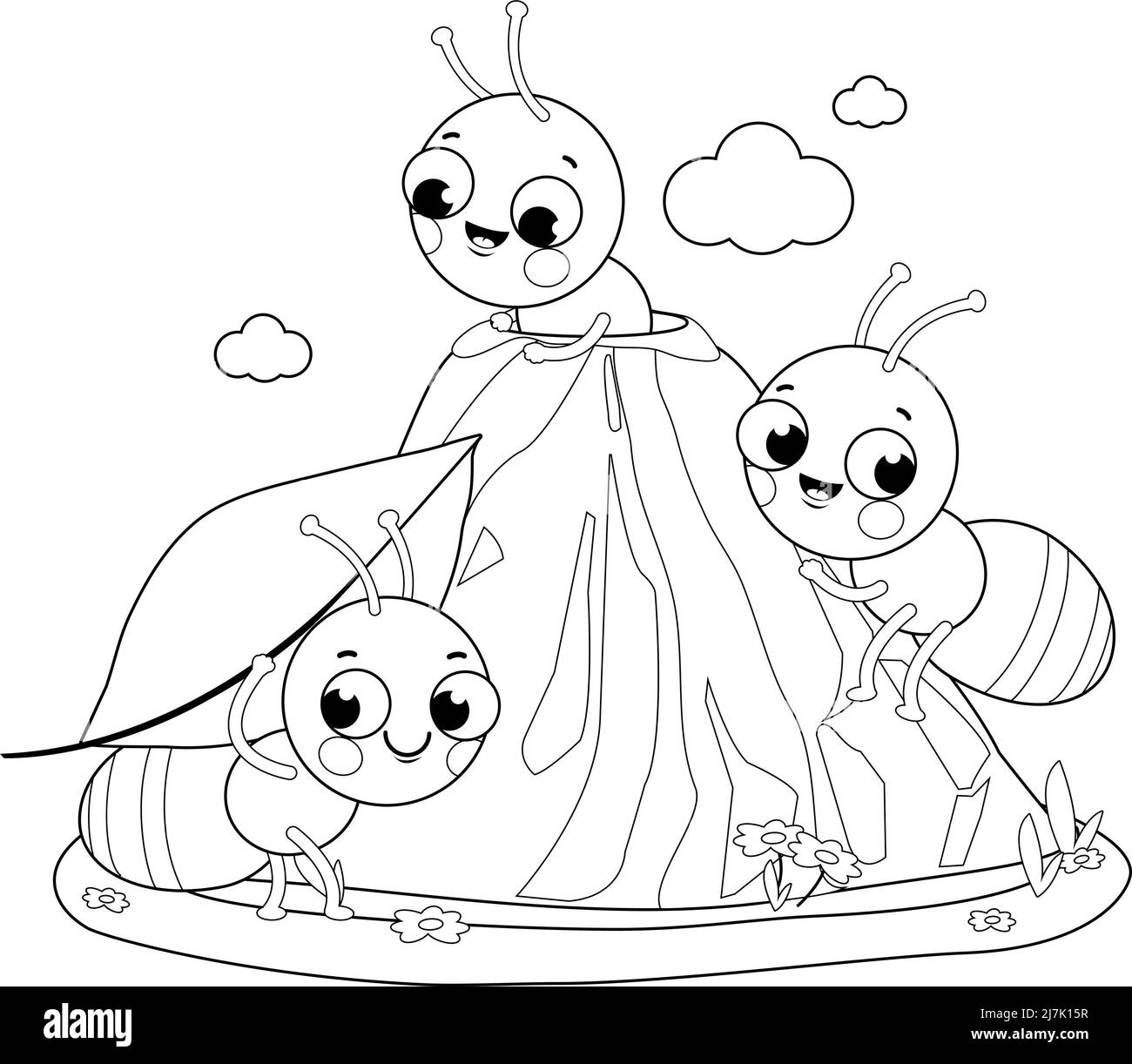 Ants in ant hill carrying food into their nest. Vector black and white coloring page Stock Vector