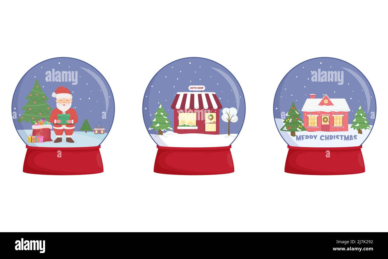 Snow globe with a town. Winter wonderland scenes in a snow globe Stock