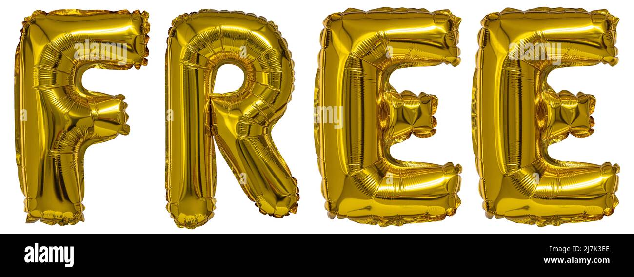 real balloons in the shape of word free metallic gold on a white background Stock Photo
