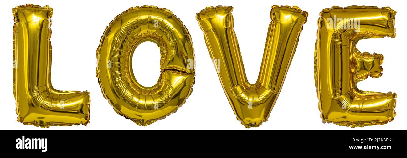 real balloons in the shape of love word metallic gold on a white background Stock Photo