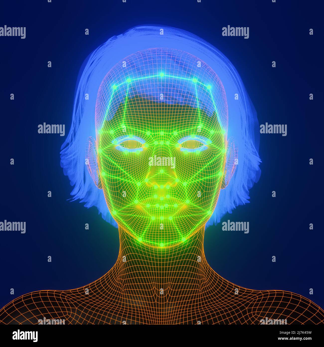 Face recognition mask and 3D face with wire glow effect, AI technology key points, 3D rendering Stock Photo