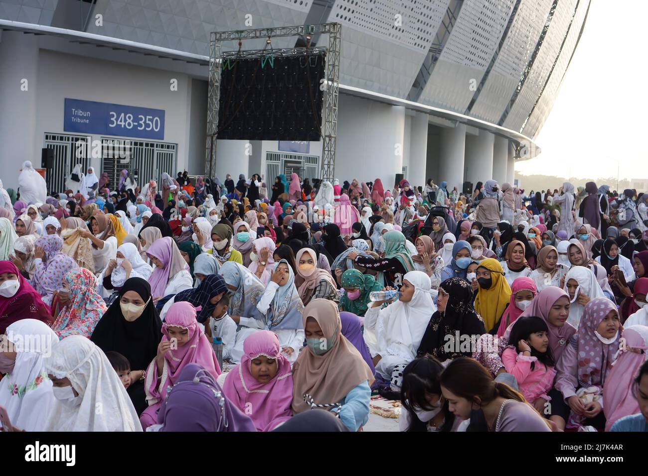 the atmosphere of the morning before Idul FItri prayers at Jakarta International Stadium (JIS) jakarta on women section Stock Photo