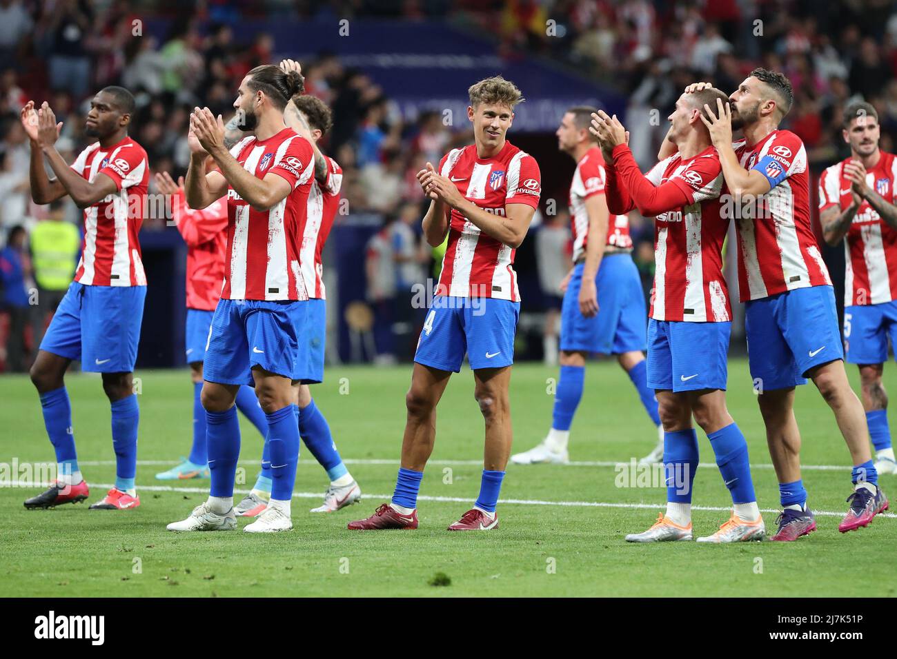 Atletico de Madrid players salute fans. Stock Photo